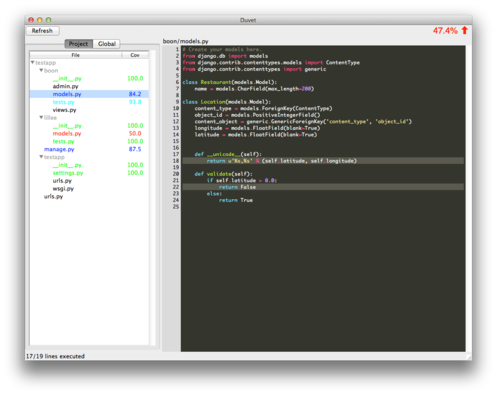Screenshot of Duvet GUI after running a test suite.